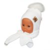 BABY NELLYS Zimní čepička s šálou – chlupáčková bambulka – bílá/bílá