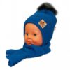 BABY NELLYS Zimní čepička s šálou – chlupáčková bambulka – granátová/tm. šedá