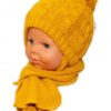 BABY NELLYS Zimní pletená čepička s šálou Baby Bear – hořčicová s bambulkou