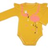 Baby Nellys Bavlněné kojenecké body, dl. rukáv, Flamingo s volánkem – hořčicové, vel. 80