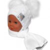 BABY NELLYS Zimní čepička s šálou – chlupáčkové bambulky – bílá,bílé bambulky