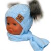 BABY NELLYS Zimní čepička s šálou – chlupáčkové bambulky – modrá, šedé bambulky