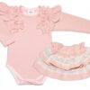 BABY NELLYS  2 dílná sada, body dl.rukáv + suknička s krajkou a volánky, pudrová