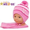 BABY NELLYS Zimní čepička s šálou – Mašlička – tm. růžová s pruhy