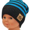 BABY NELLYS Podzimní/zimní proužkovaná čepice -grafit/tyrkys