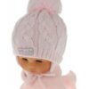 BABY NELLYS Zimní pletená čepička s šálou Baby Bear – růžová s bambulkou