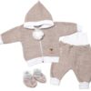 3-dílná souprava Hand made, pletený kabátek, kalhoty a botičky, béžová