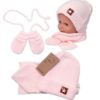Baby Nellys Pletená čepice s šálou a rukavičky 3v1, STAR – sv. růžová, 68/74